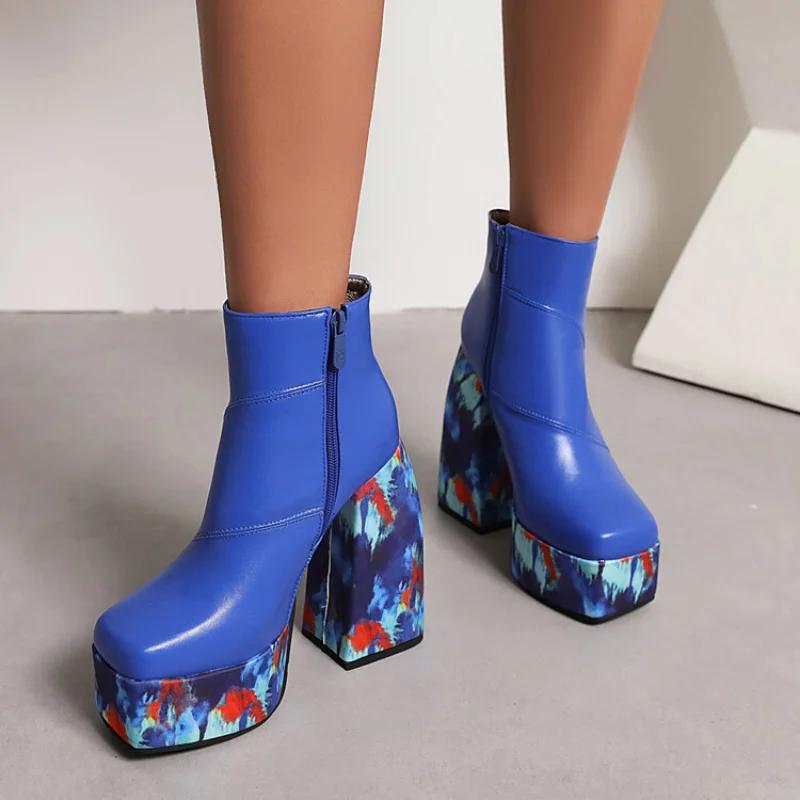 

Модные женские теплые ботинки с квадратным носком, осенне-зимние, с принтованной подошвой, на толстом каблуке, на ультравысоком каблуке, водонепроницаемые ботильоны, ботинки на молнии сбоку 38 синий