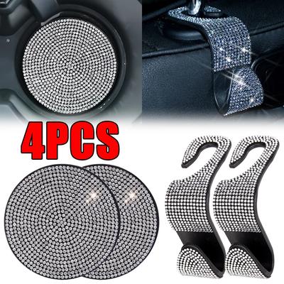 4 Pcs/set Car Interior Accessories Multifunction Diamond Crystal Auto Seat Back Hooks Non-slip Coaster Car Hook Water Cup Mat