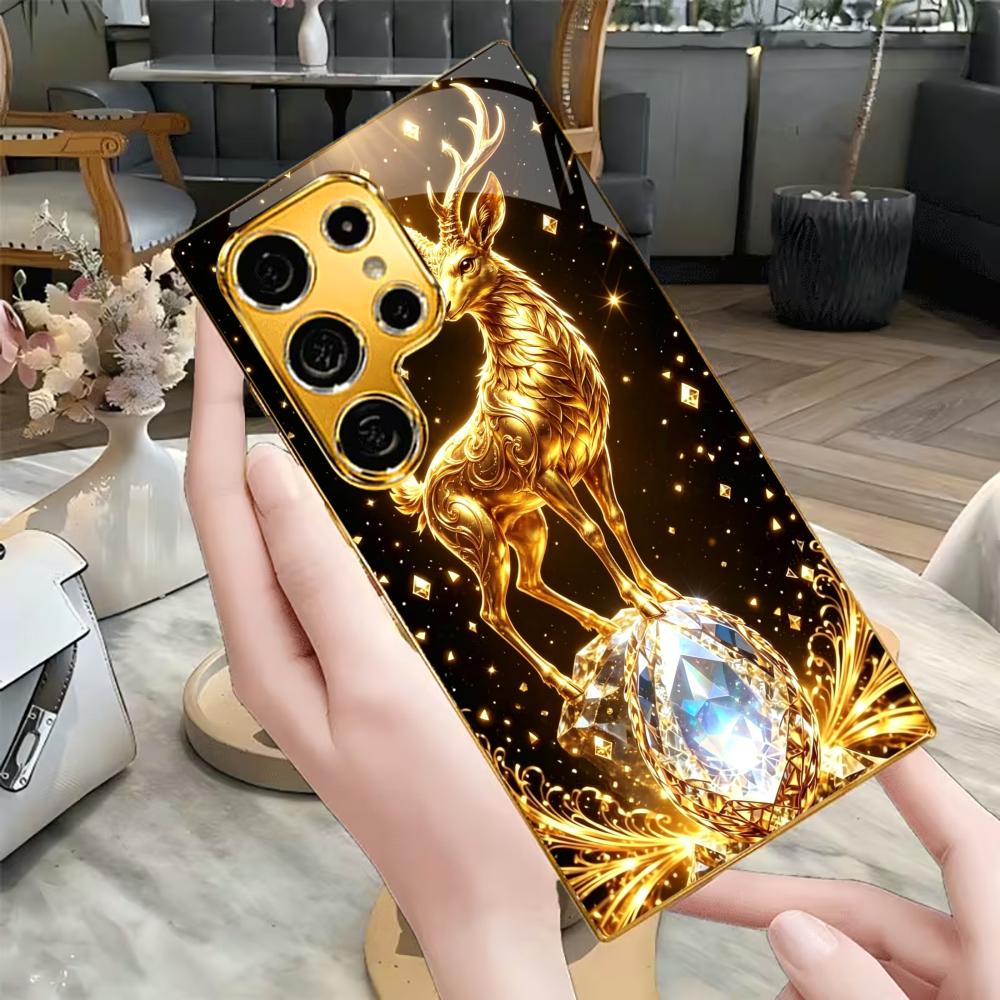 Golden Deer with Crystal Print phone case glass s26 ultra case mobile phones for Samsung Galaxy S26 S25 S24 S23 S22FE Ultra Plus