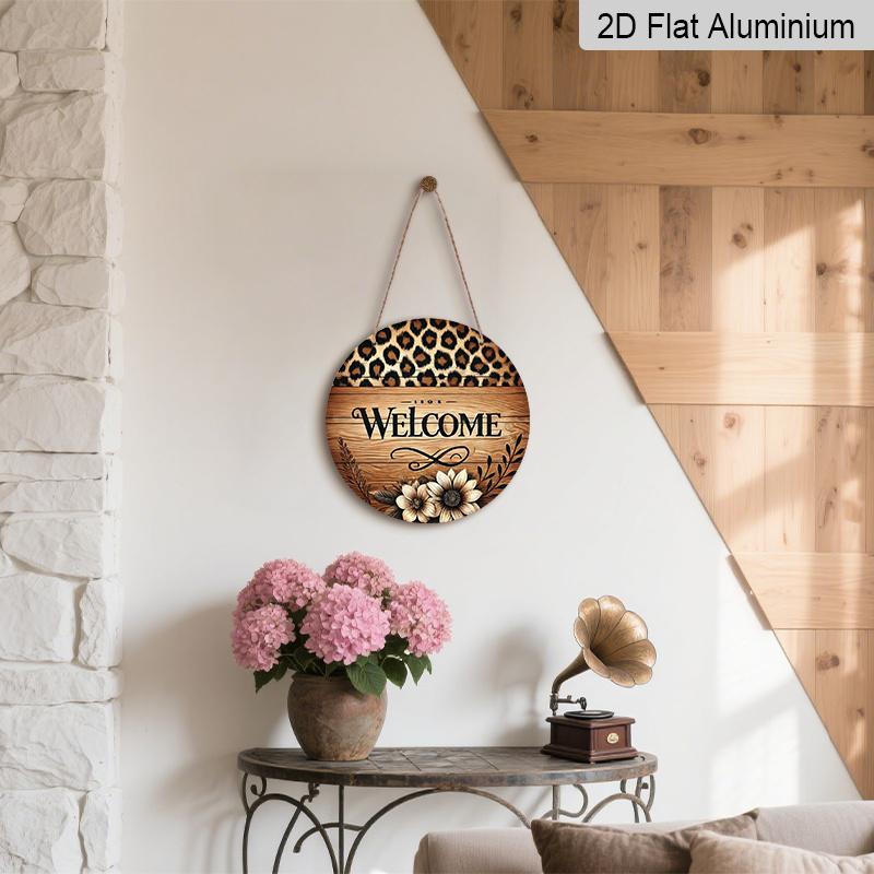 2D Flat Aluminum 7.87 Inch X 7.87 Inch Leopard Print and Floral Pattern Welcome Sign Wall Decoration, Vintage Style. Suitable for Cafes, Living