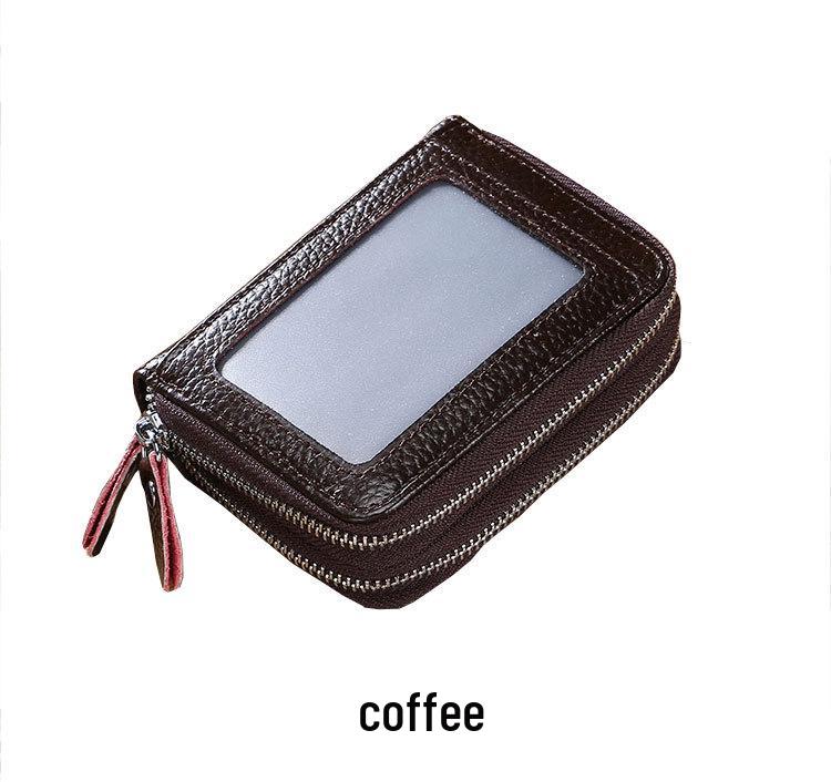 RFID Cowhide Leather Card Holder & Coin Purse with Double Zipper