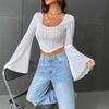 European and American new women's clothing solid color U-neck exposed navel thin fashion horn long-sleeved top sexy short T-shirt women