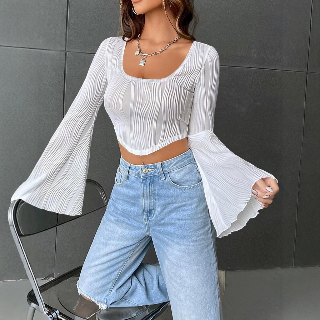 European and American new women's clothing solid color U-neck exposed navel thin fashion horn long-sleeved top sexy short T-shirt women