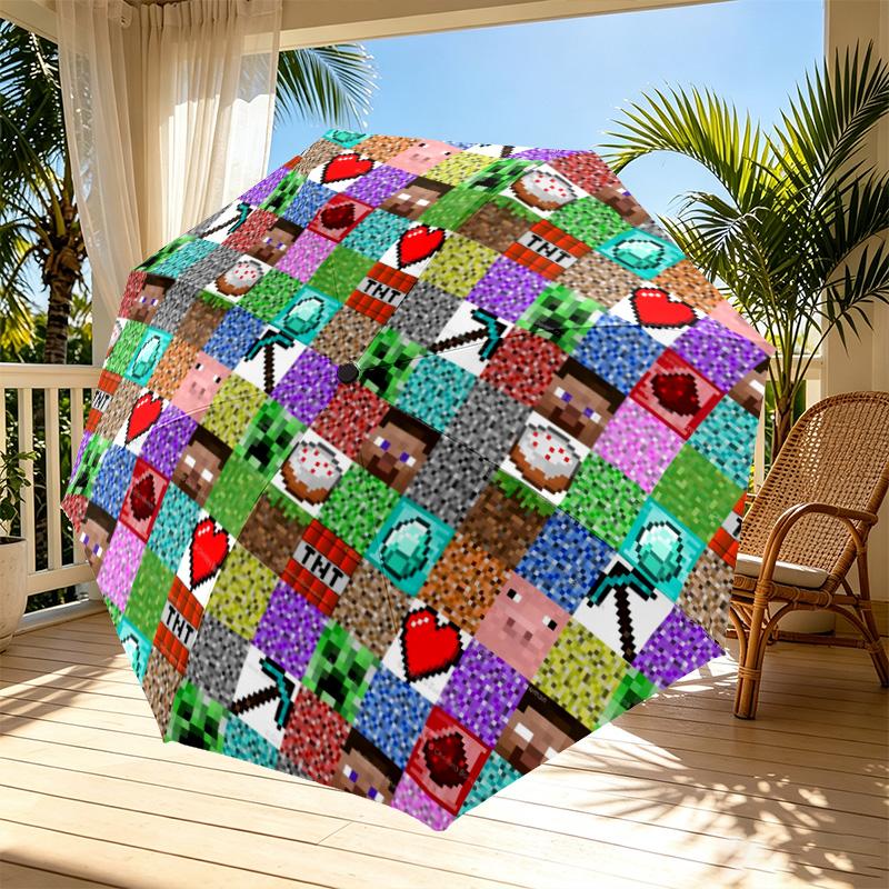 Sandbox Game Print Automatic Open Close Umbrella, Portable Foldable Umbrella, for Outdoor Commute Camping Trip, Ideal Birthday Gift
