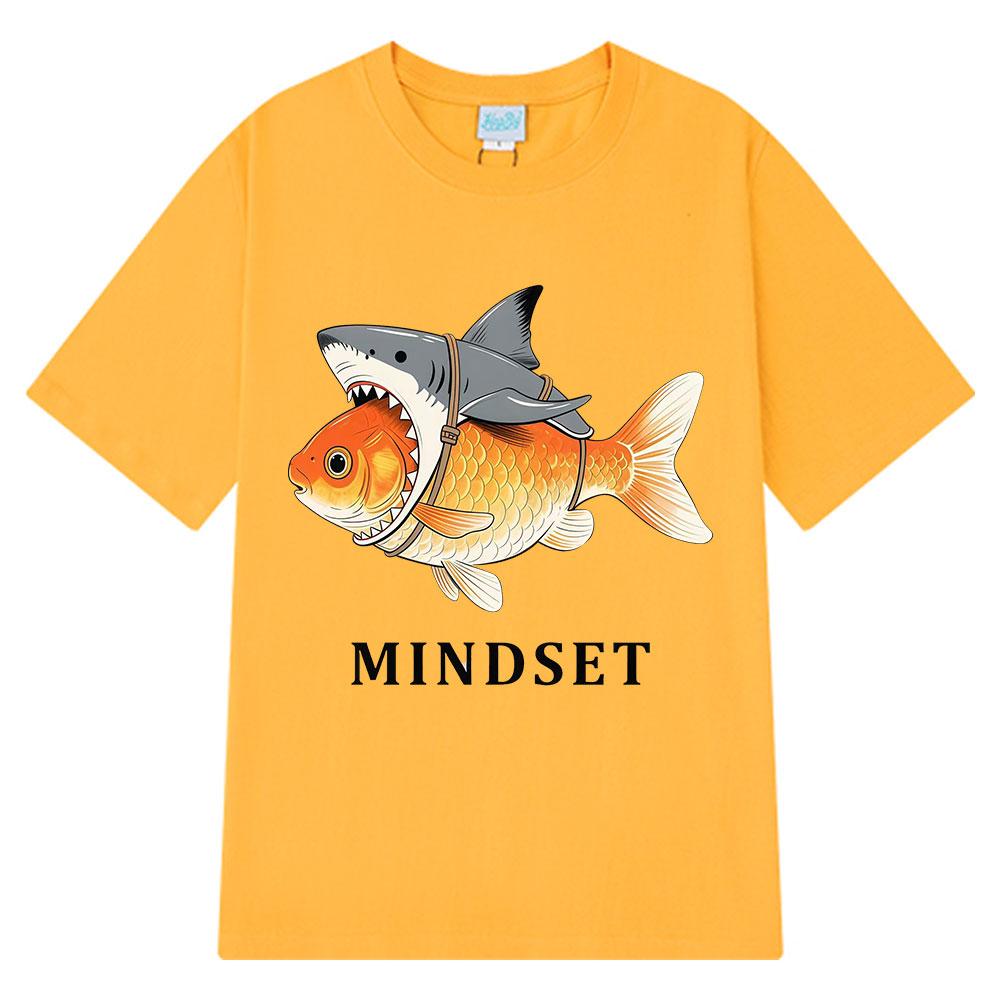 Mindset Goldfish Funny Shark Fin Harness Design T-Shirt Men Women Casual Vintage T Shirt Short-sleeved Harajuku Hip-hop T-shirts