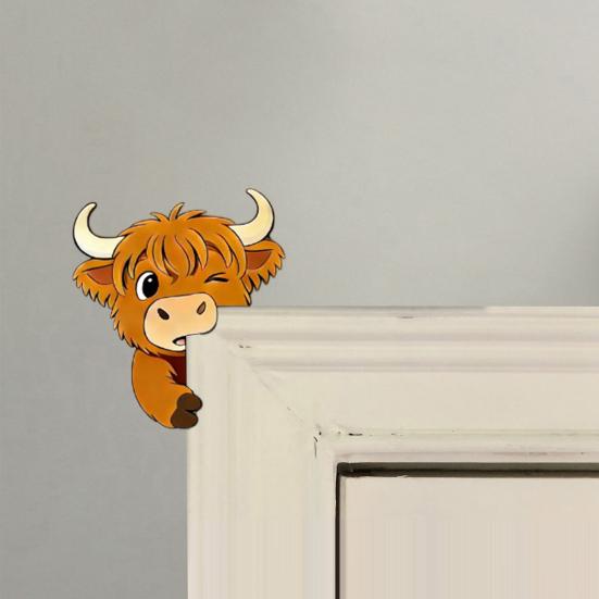 Cute Highland Cow Door Topper Small Wooden Door Frame Corner Sign Cartoon Cattle Computer Monitor Decor for Living Room Bedroom Office