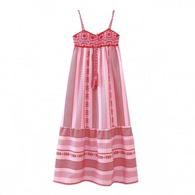 Frühling Sommer Herbst Mode Sexy Strap Quaste Lace Up Langes Kleid Häkelstich Gestricktes Midikleid Casual Damen XS rosa