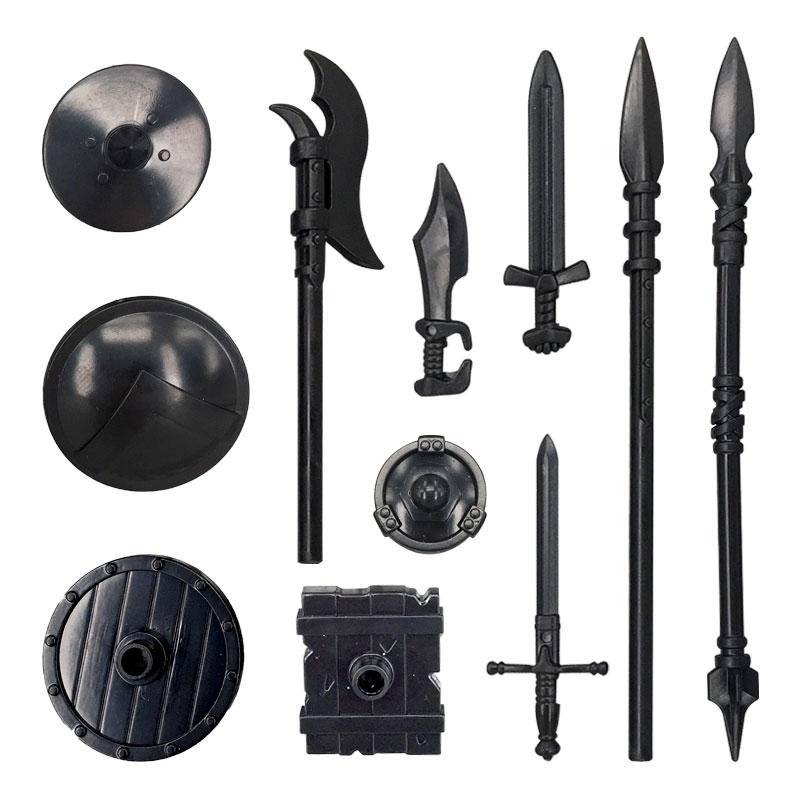 MOC Bricks Black Sword Shield Spear Halberd Helmet Medieval Knights Rome Action Figure Educational Building Block Gifts