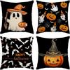 4PCS Halloween Pillow Covers Ghosts Pumpkin Witch Hat Square Decorative Cushion Covers for Sofa Bed Home Seasonal Decor Gift