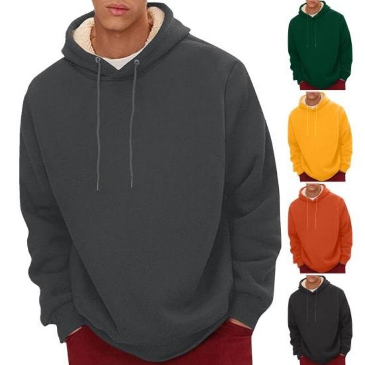 Winter Thermal Hoodie for Men Plush Lined Solid Color Loose Fit Long Sleeve Casual Top with Drawstring and Elastic Cuffs Daily Wear