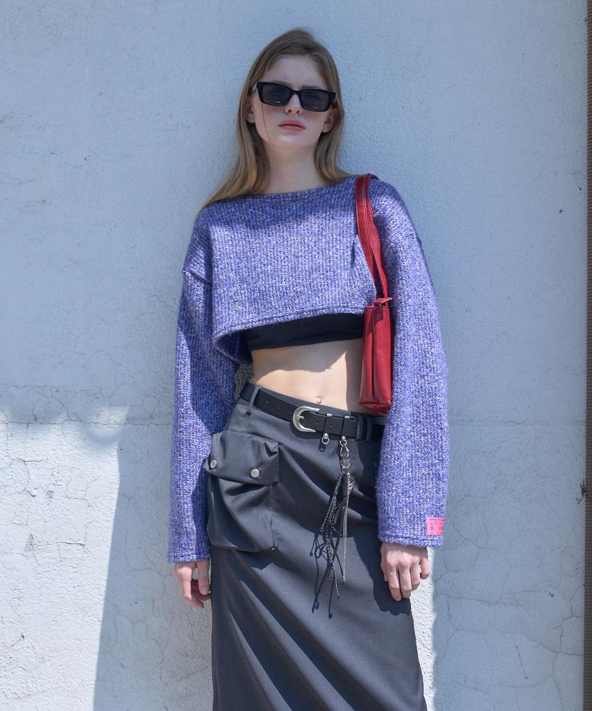 320SHOWROOM Wool Blend Round Neck Crop Stud Knit Tshirts Purple