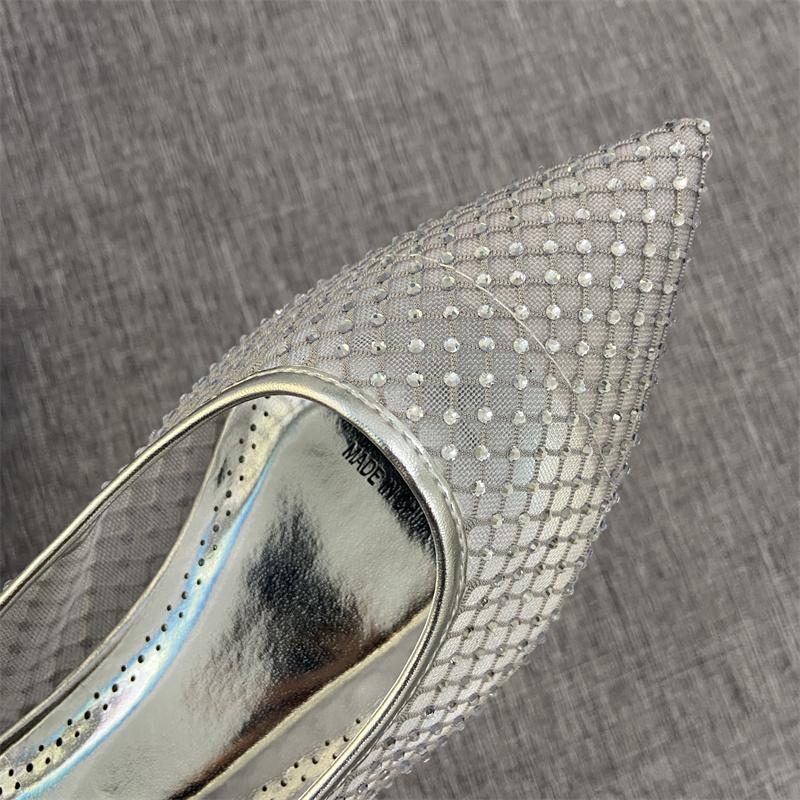 Fashion Flat Shoes for Women 2025 Spring and Autumn French New Sexy Mesh and Rhinestone Hollow Low Heel Shallow Mouth Women's Shoes