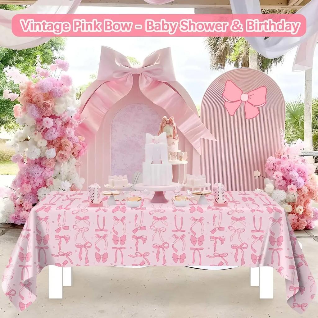 Elegant Coquette Birthday Tablecloth Large Pink Bow Rectangle Table Cover for Girls Birthday Party Stylish Decorations