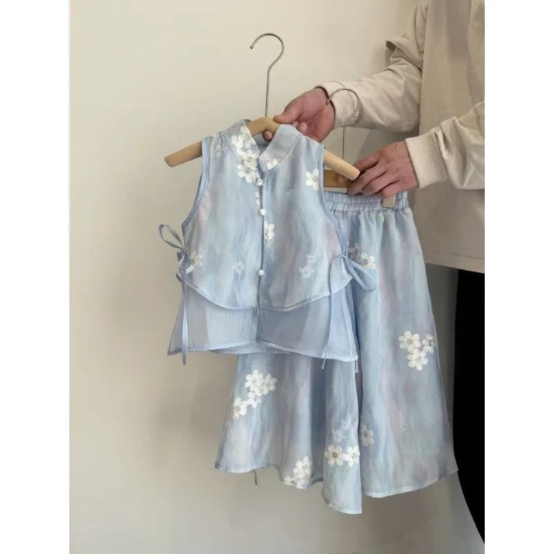 Summer Girls' Set with Embroidered Flower and Nine Fen Mosquito Resistant Wide Leg Pants