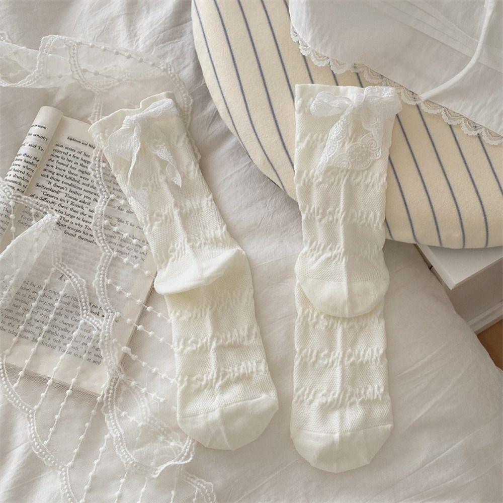3Pairs Ruffle Mid Tube Socks Ins Style Sweet Socks Women Soft Lace Bow Socks  Lady