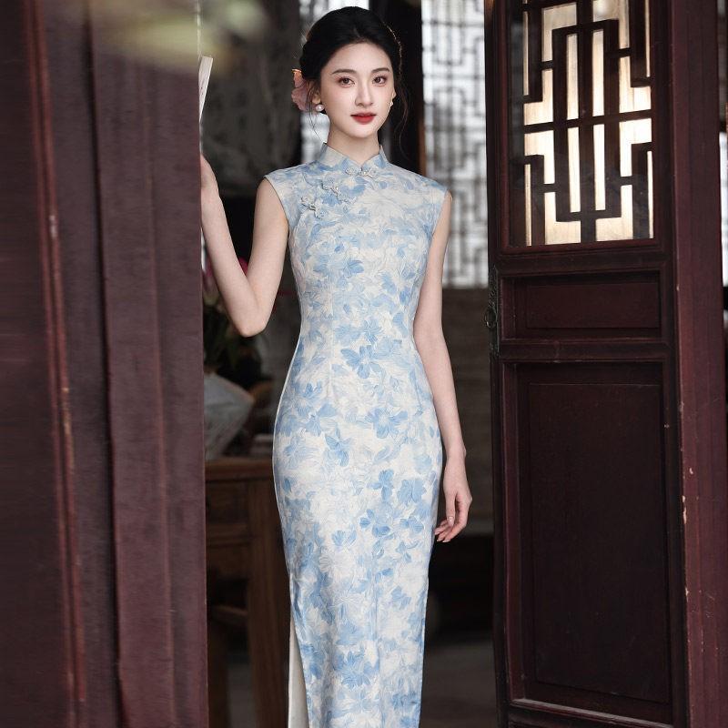 Long Sleeveless Cheongsam Dress Women 2026 Tencel Linen Retro Modern Qipao Daily Wear Small