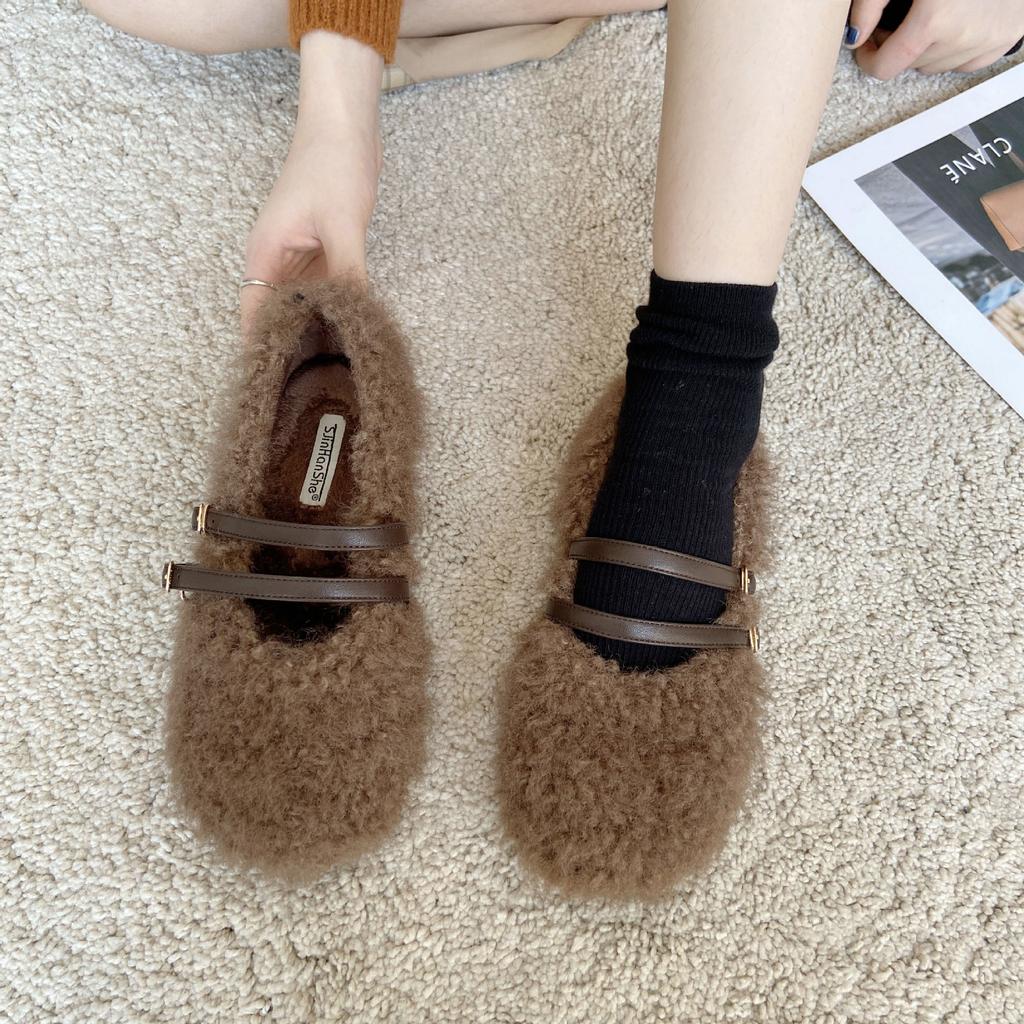 2025 autumn and winter new square-headed mink fluffy warm color matching thick-soled ballet beanie women's single shoes flat-soled