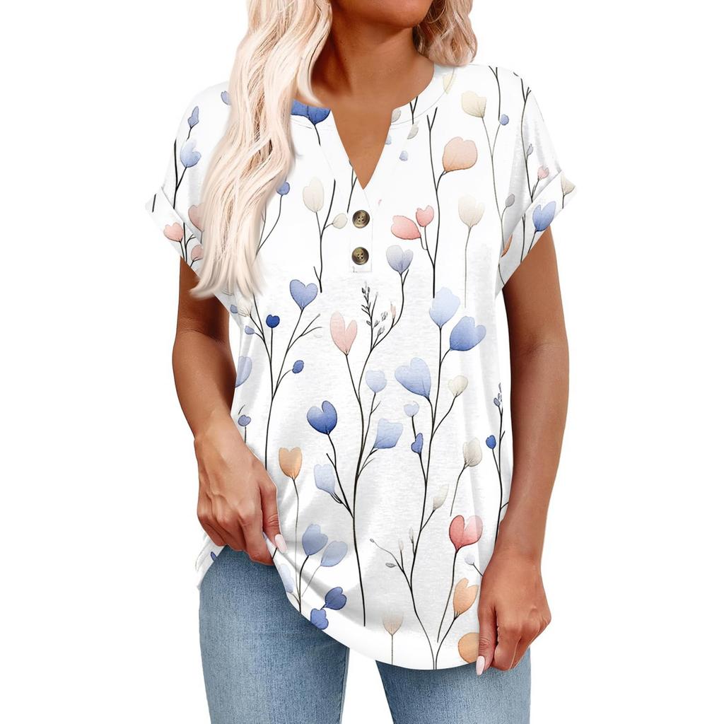 Top Pulôver Feminino Casual da Moda de Manga Curta com Decote em V, Botões e Estampa