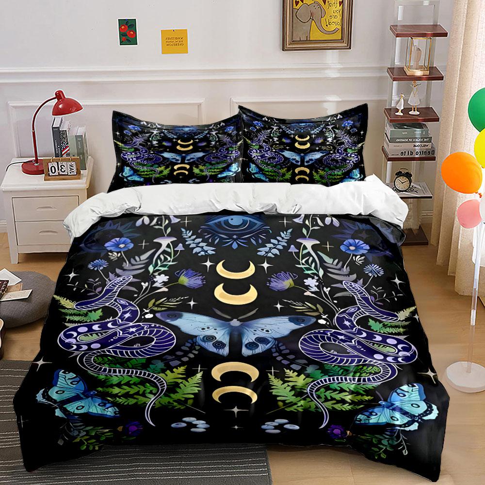 Mystic Snakes and Moon Motif Bedding Duvet Cover Set (1*Duvet Cover 2*Pillowcases, Without Duvet Insert)