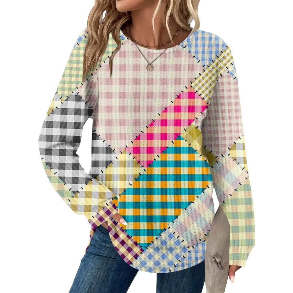 Dámský kostkovaný top s kulatým výstřihem, dlouhým rukávem, ležérního volného střihu