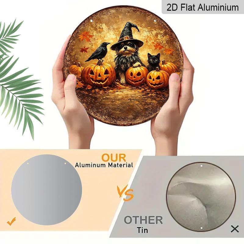 2D Flat 1pc/2pcs, Decorative Plaques and Ornaments Sign, Aluminum Hanging Sign, Black Cat, Crow & Pumpkin Lantern Vintage Print, Autumn Harvest Home