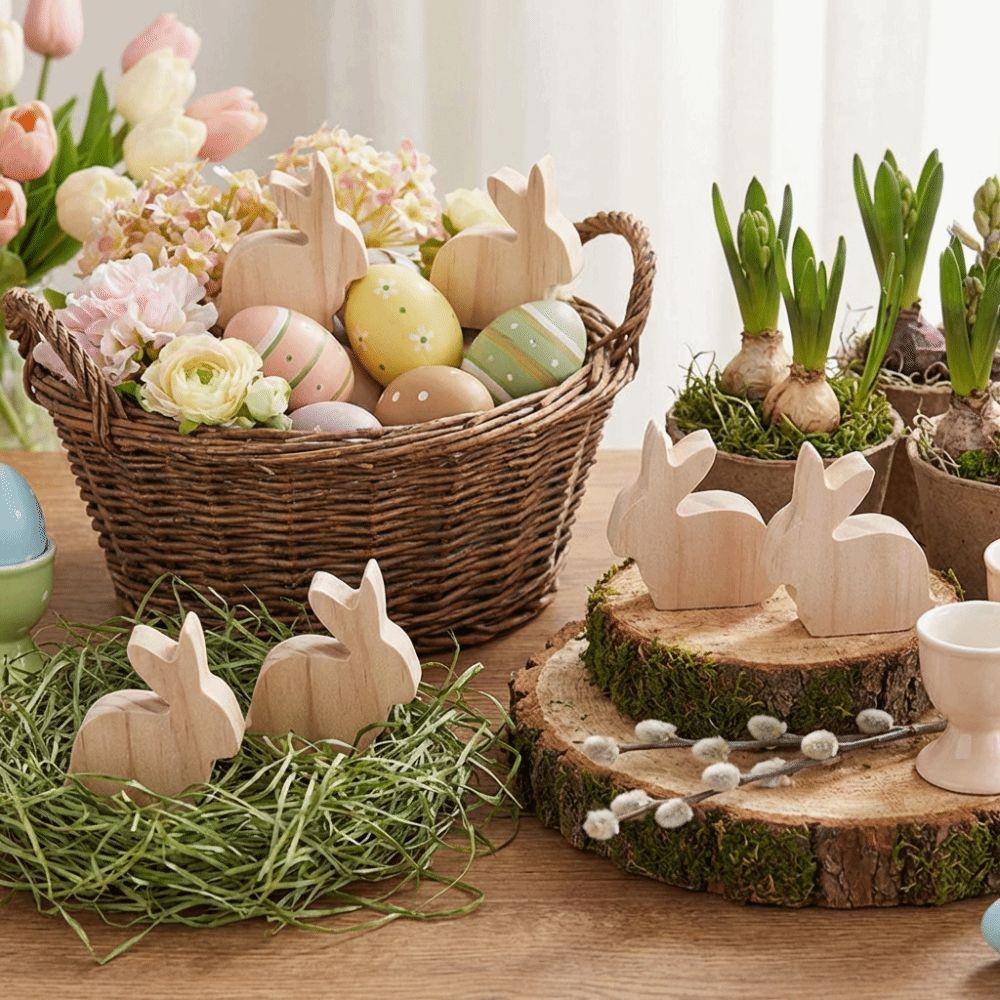 6Pcs Standing Easter Rabbit Ornaments Unfinished Handmade Wooden Bunny Decorative Handicraft Realistic Easter Rabbit Figurine