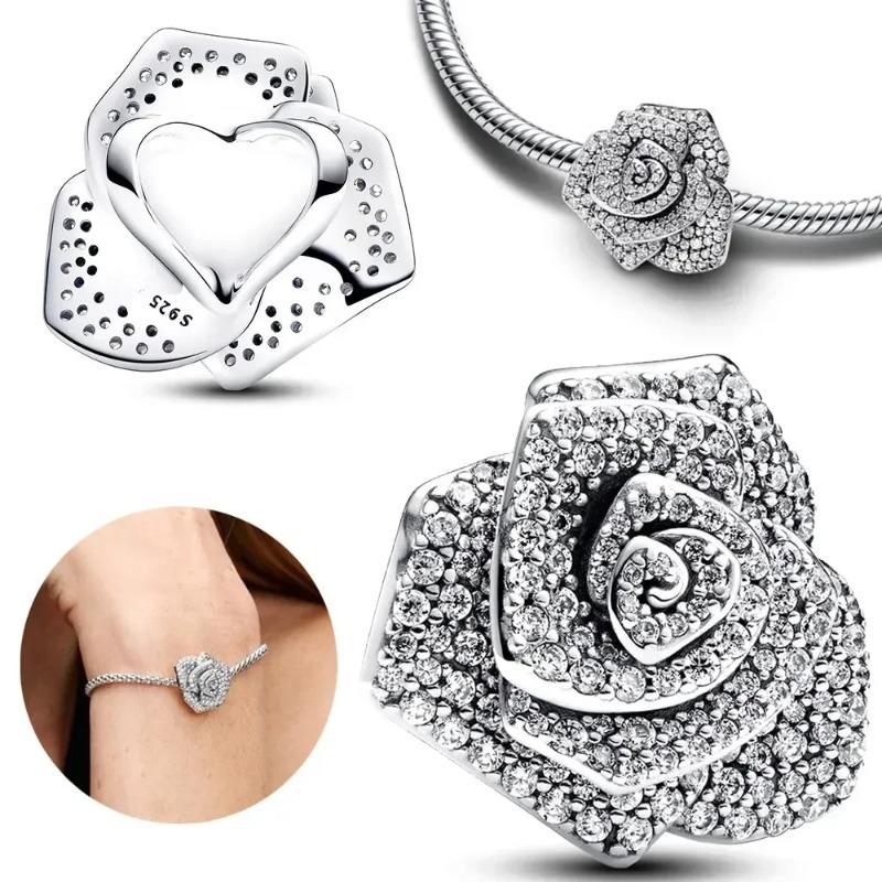 925 Silver Heart Charm Beads Full Diamond Round Rose Pendant for DIY Necklace Bracelet Jewelry Gift