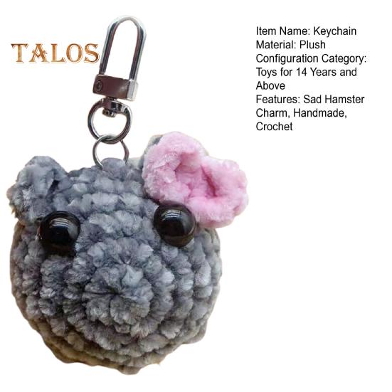 Sad Hamster Plush Keychain Sound Handmade Crochet Doll Keyring with Bow Emotional Charm Hanging Ornament Wallet Backpack Car Keys Accessory