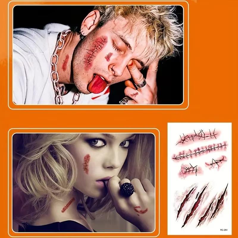 1/11pc 1D Fake Scar Tattoos Sticker Halloween Scab Bloody Makeup  Body Face Realistic Wound Scary Sticker Prank Props Party Deco