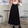Women's Pleated A-Line Long Skirt, High Waist, Slim, Academy Style, Gray or Black, Autumn