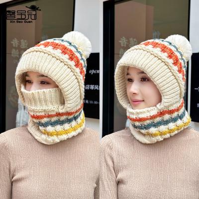 Winter Hat, Scarf, Mask, Integrated Hat, Women's Cycling, Windproof, Ear Protection, Pullover Hat, Fleece Warm Knitted Wool Hat