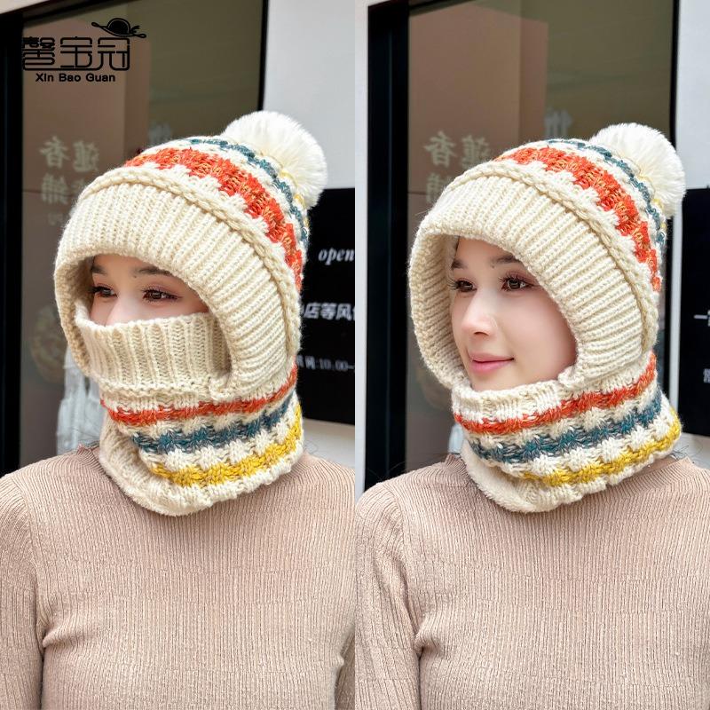 Winter hat, scarf, mask, integrated hat, women's cycling, windproof, ear protection, pullover hat, fleece warm knitted wool hat