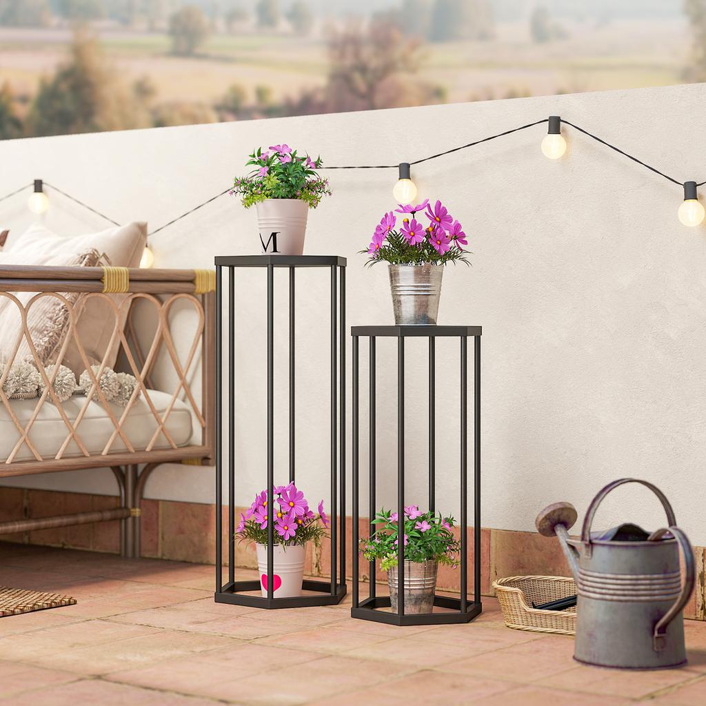 Set of 2 Plant Stands for Indoor and Outdoor Use, Hexagonal Metal Flower Pot Holders for Garden, Patio, Balcony