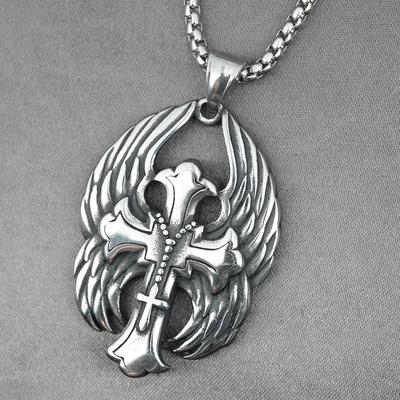 Cool Mens Angel Wings Biker Cross Pendant Necklace For Men Stainless Steel