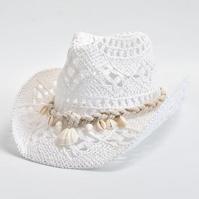 Chapeau de Paille Tressé à la Main pour Femmes Décoration Coquillage Chapeau de Soleil de Plage de Vacances Chapeau Panama Féminin