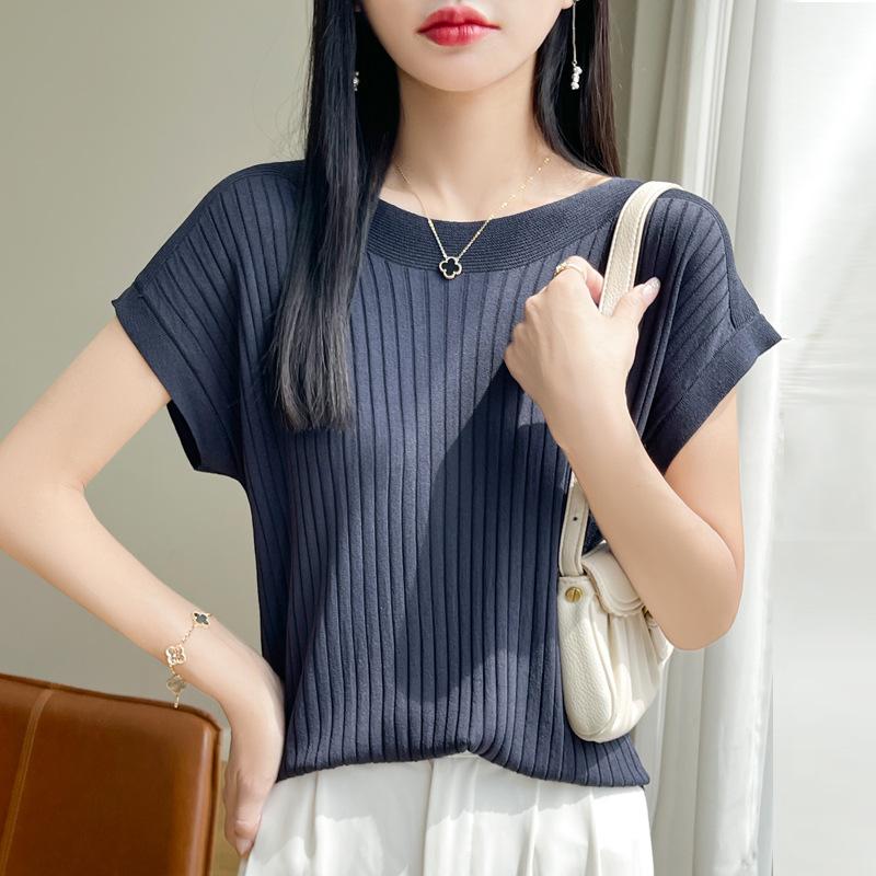 Fashion Slash Neck Women Sweater Ice Silk Spring Summer Women Loose Casual Shirts Short Sleeve Top