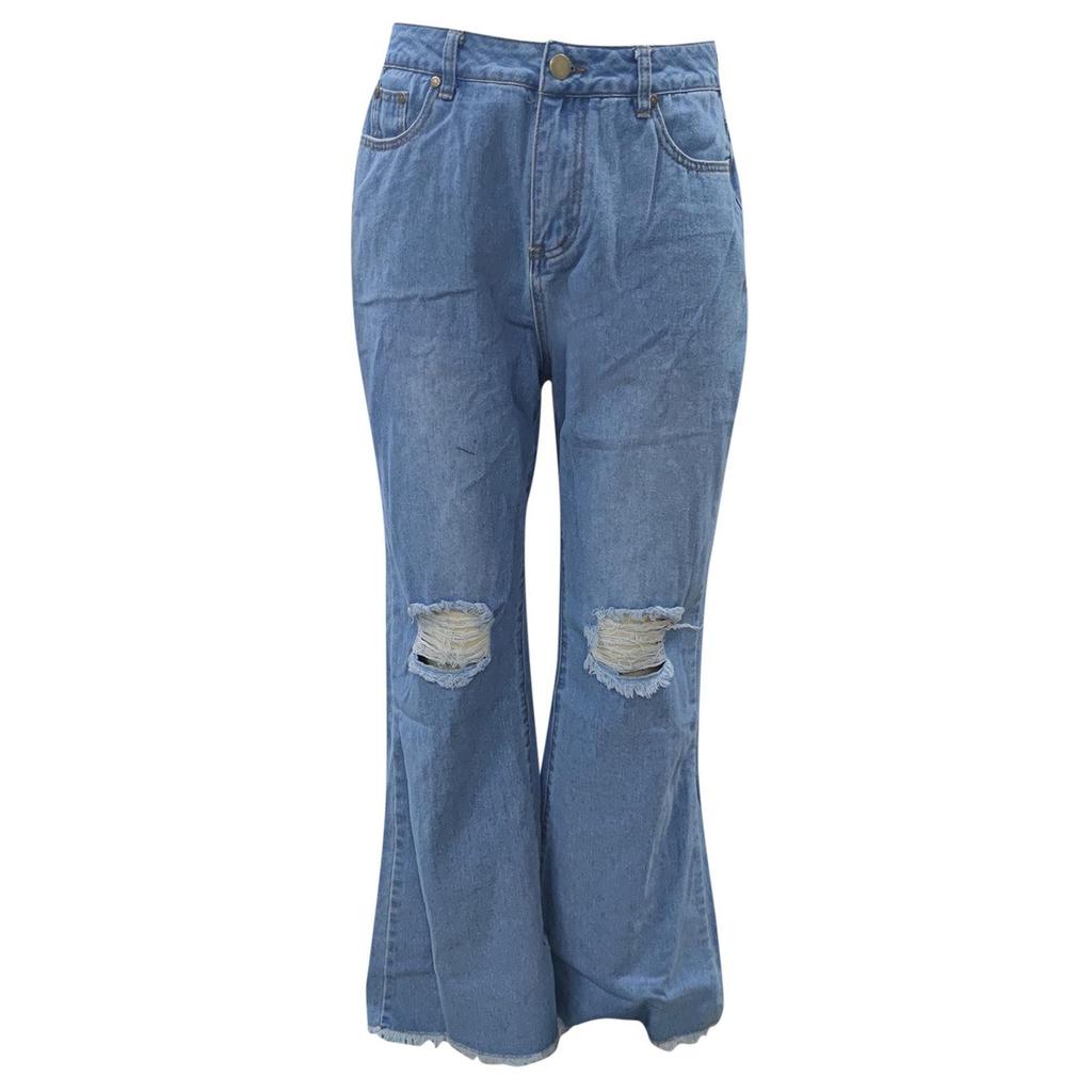 Women Button High Waist Pocket Elastic Hole Jeans Trousers Loose Denim Pants