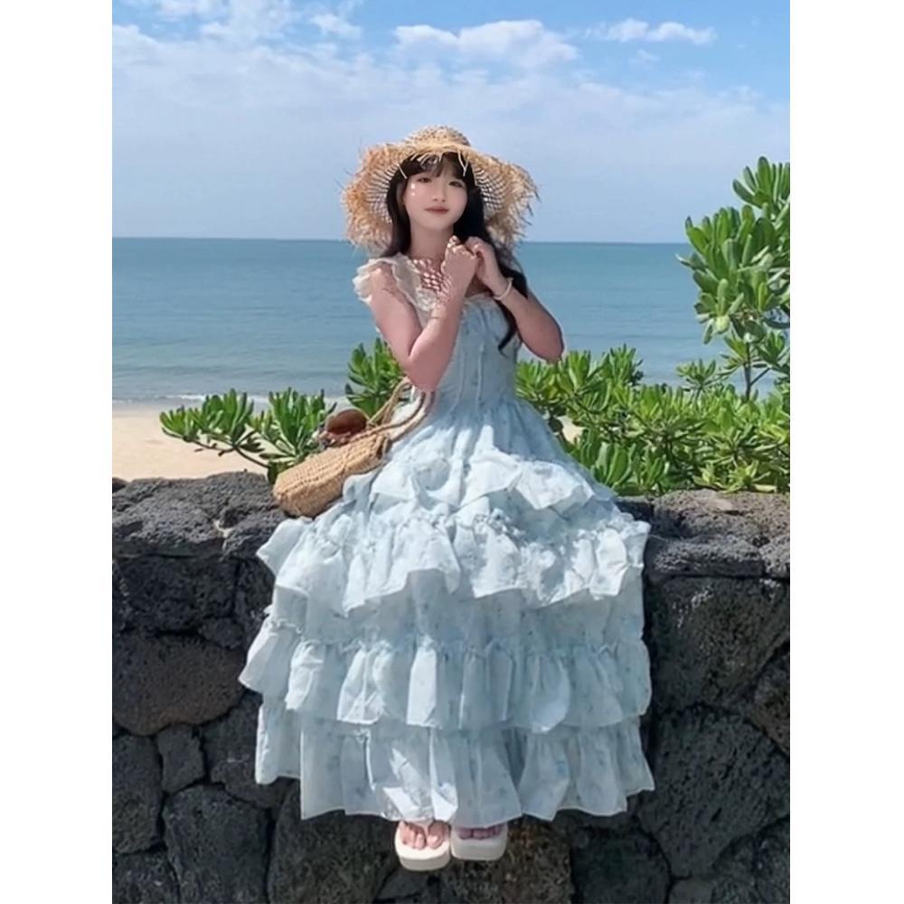 

Милое платье с короткими рукавами-крылышками, женское летнее красивое платье принцессы с нежным ветром, талия, торт, пышная длинная юбка XL- (recommended 110-60kg) синий