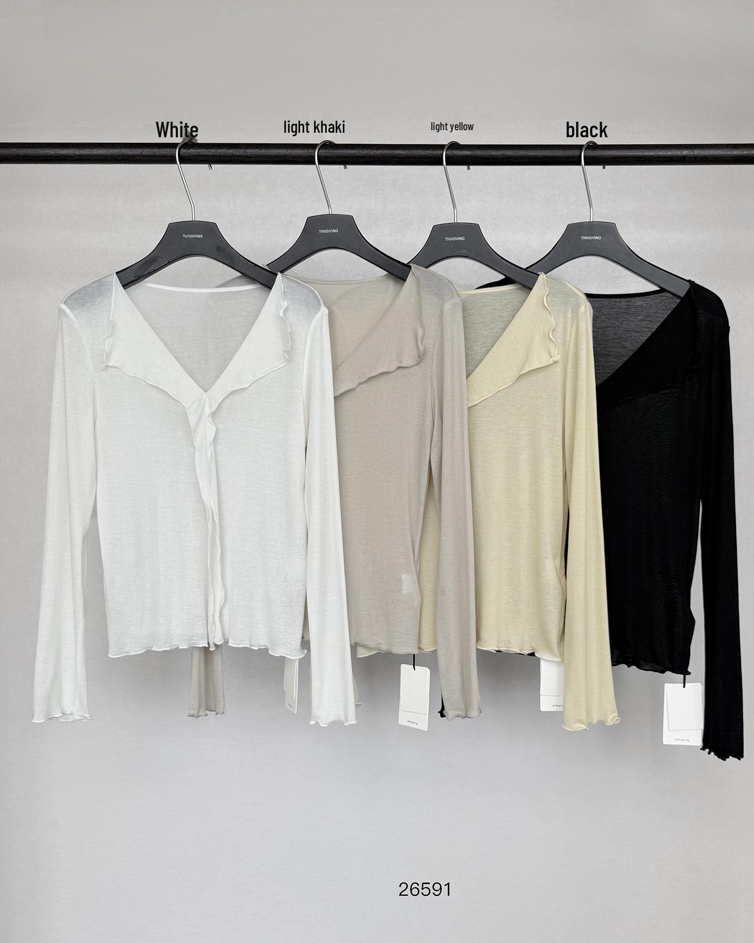 TG Lightly Mature Korean Slimming V-Neck Ruffle Trim Tencel Wool Top for Women, Spring 2026 Arrival, Style 26591 One Size