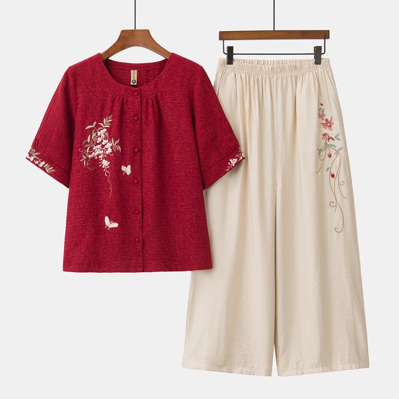 Middle-Aged Women s Embroidered Cotton Linen Summer Set 5XL
