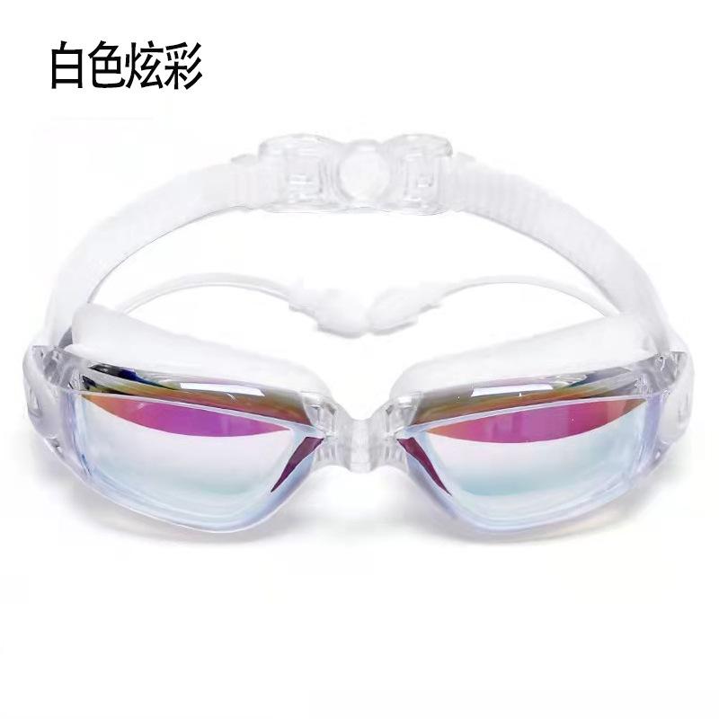 Directly supplied silicone colorful swimming goggles for adults, new model One-piece earplug electroplated anti-fog swimming goggles