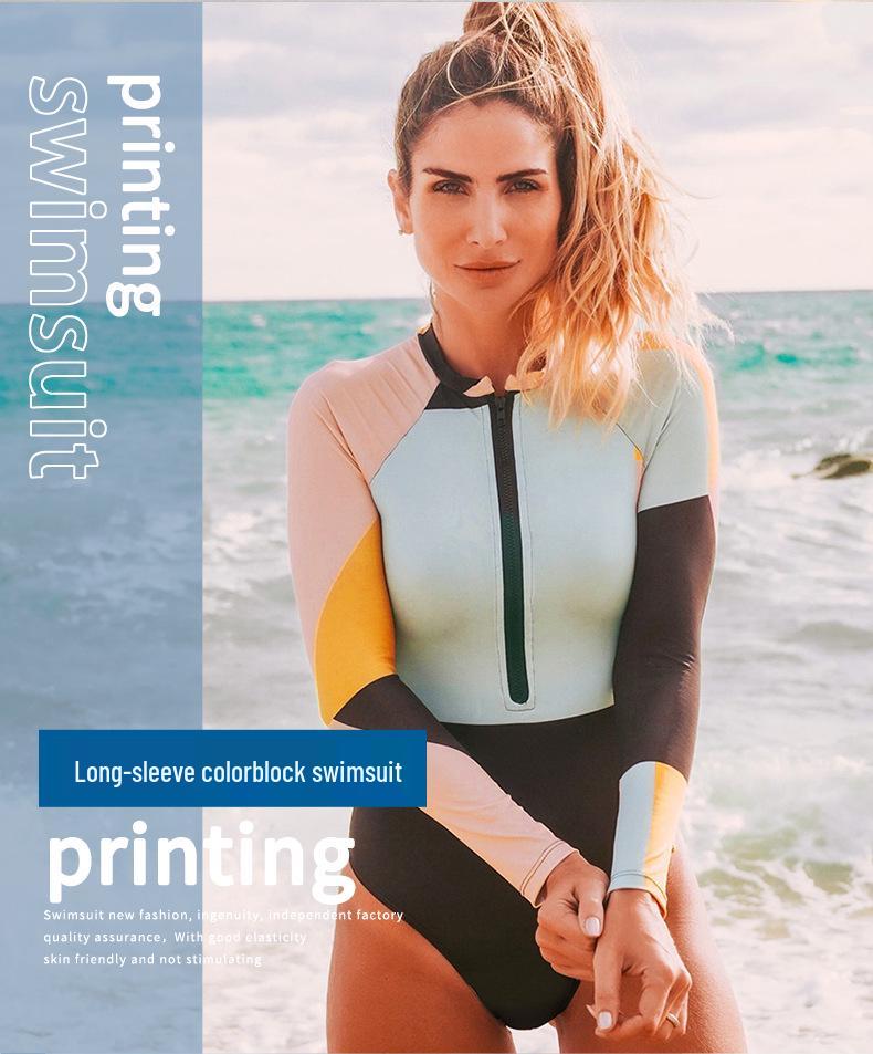 2023 Color Block Zipper Crew Neck Long Sleeve High Waist One-Piece Wetsuit