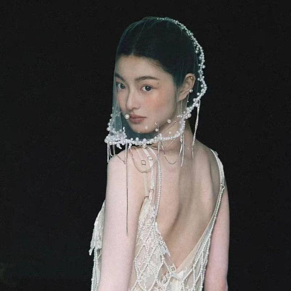 Pearls Beads Brides Veil Short Bride Head Gauze Elegant Wedding Veils  Headdress