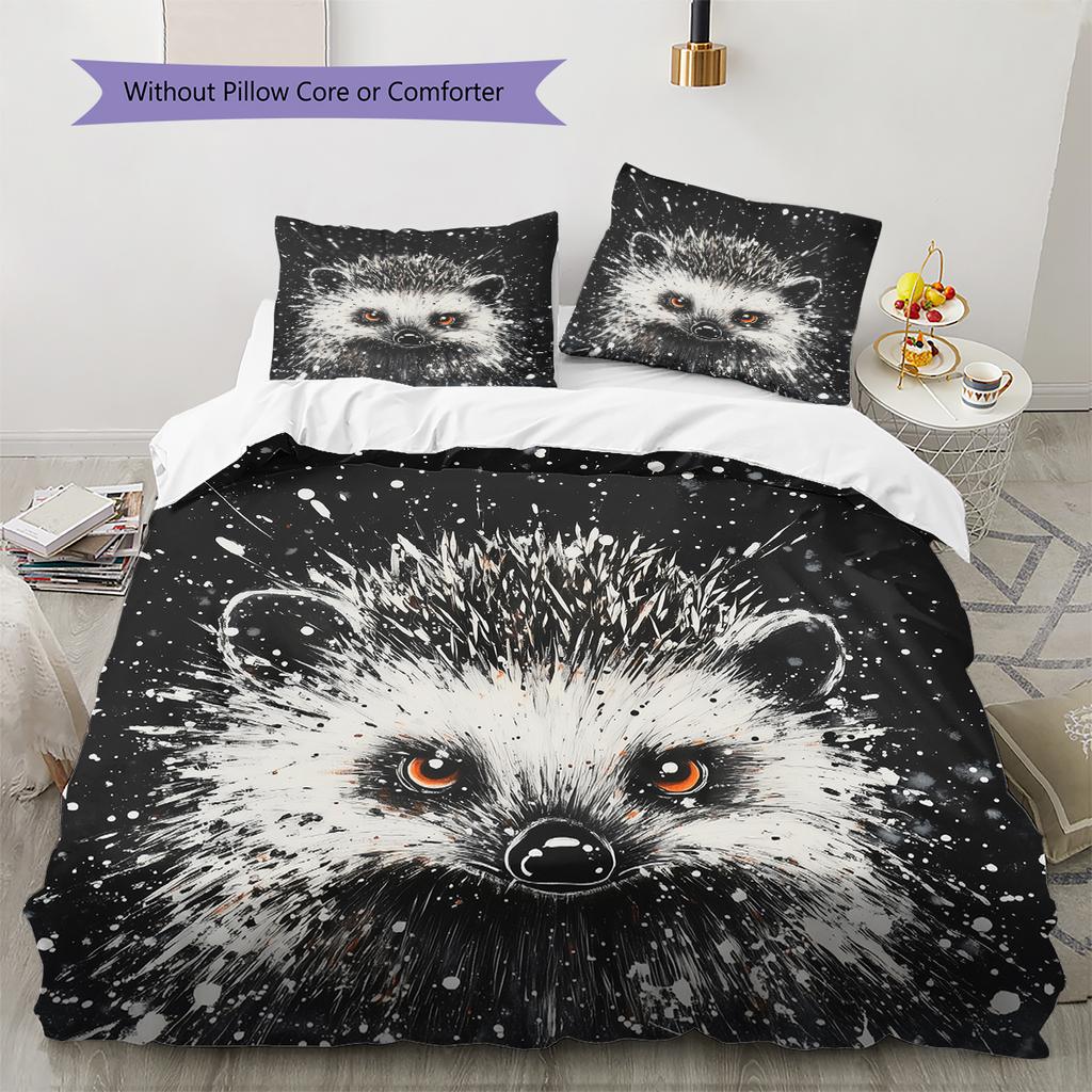 Black Hedgehog Pattern Bedding Home Decoration Birthday Gift (1 * Duvet Cover + 2 * Pillowcase, Without Core)