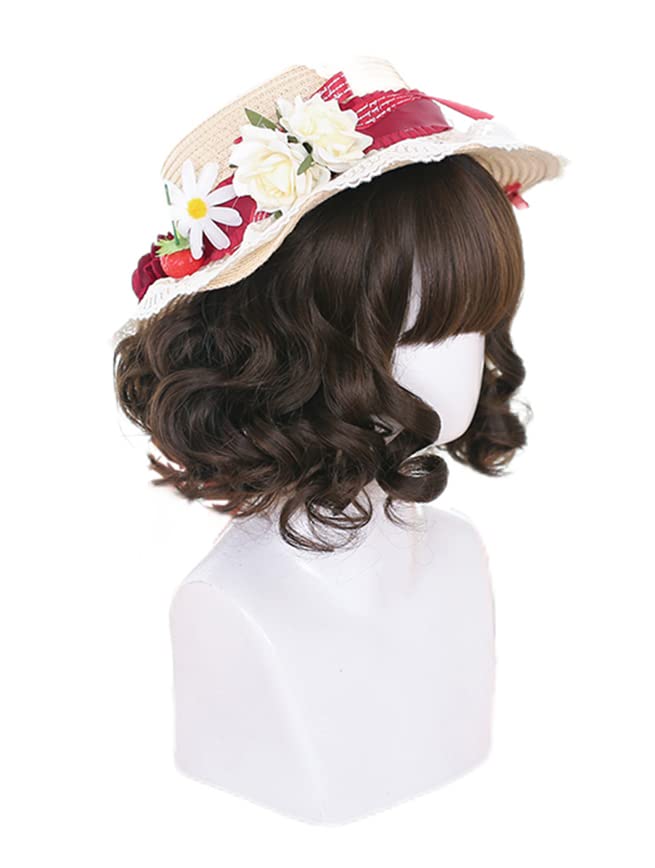 GAL Lolita Wig, Heat-Resistant, Volume Curl, Midi, Short, Ladylike, Perm, Wave, Cosplay, Party, Lolita Style, Everyday Wear, Gradient Wig (Brown)