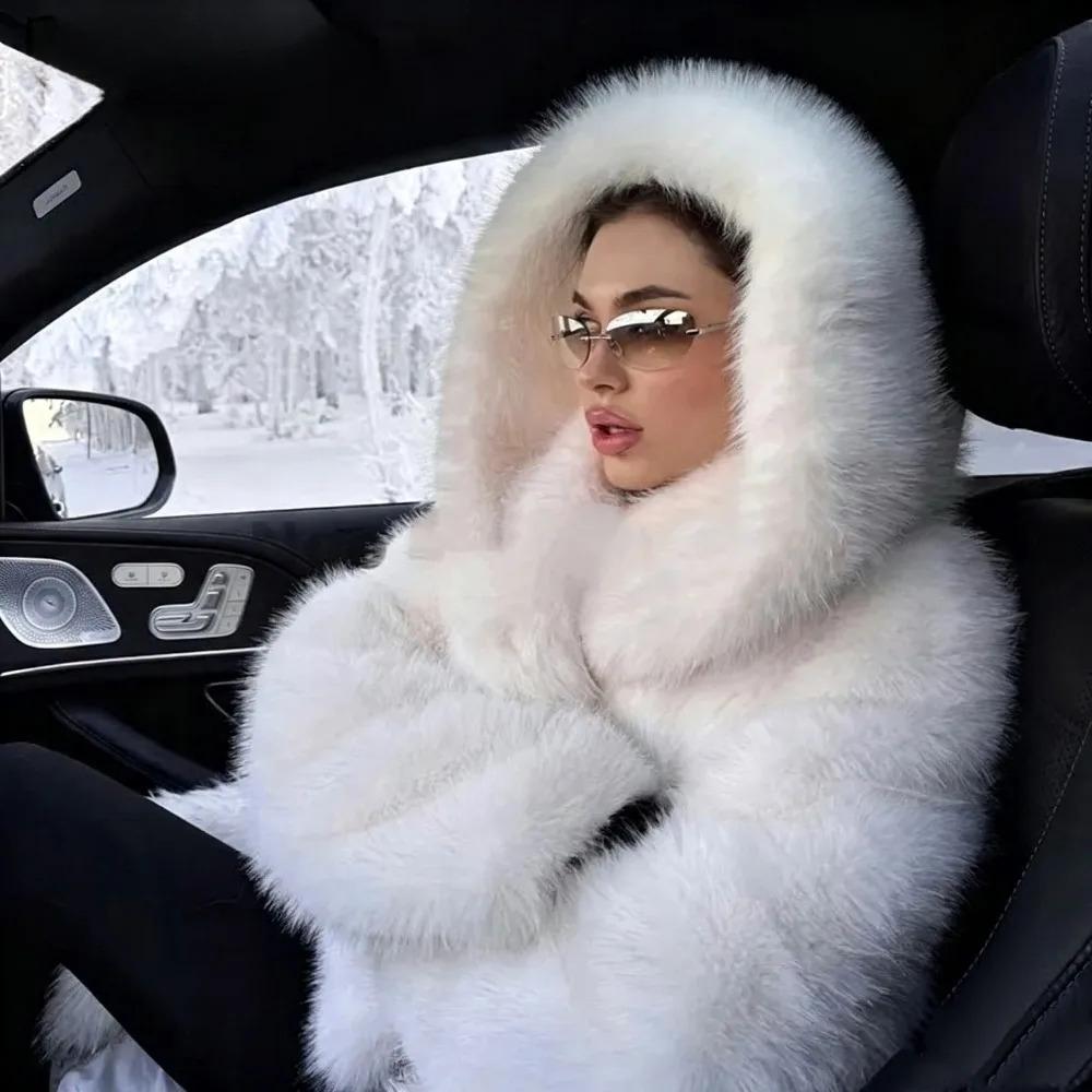 Plus Size Y2k New Winter Warm Pure White Mountain Fashion Hooded Cropped Faux Fur Coat Women Fluffy Eco Fox Fur Jacket Girls Hot Overcoat