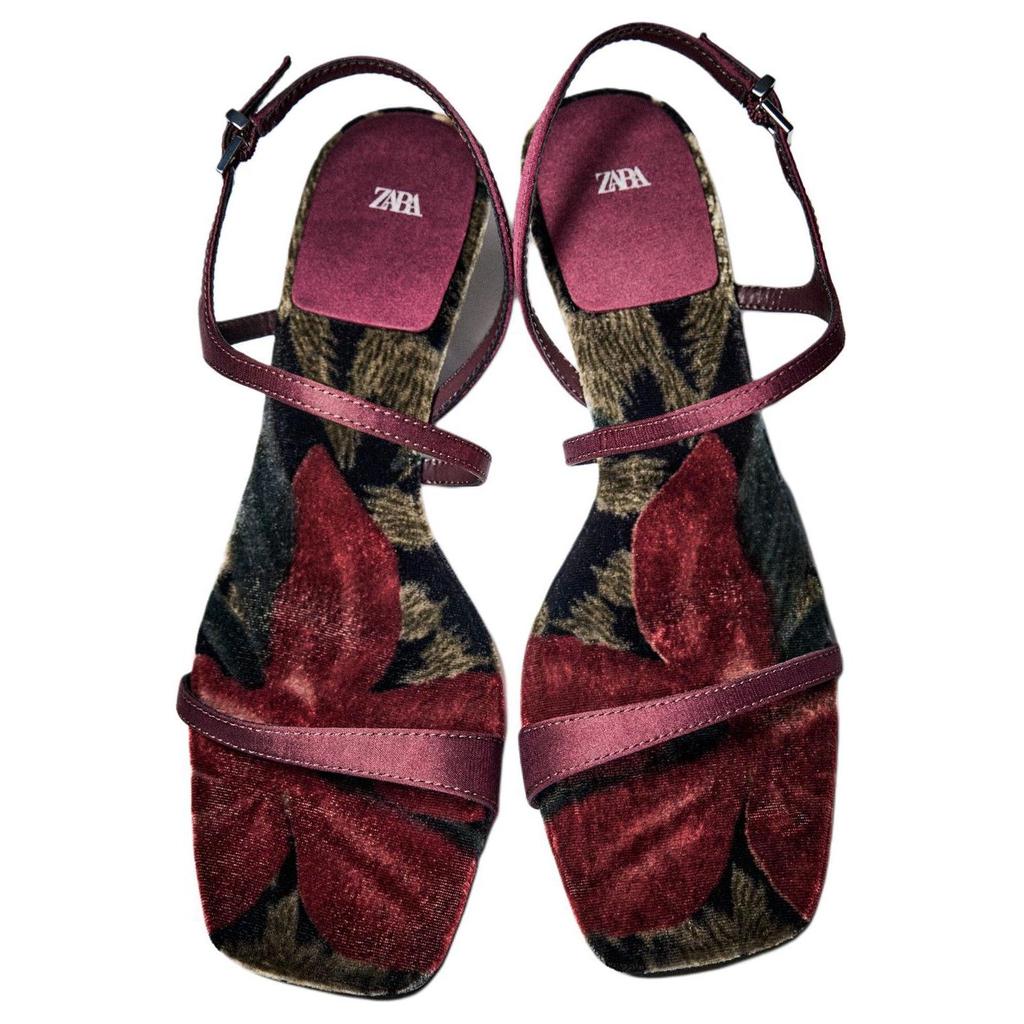 ZARA Satin Ankle Strap Kitten Heel Sandals Burgundy Womens 1135941038