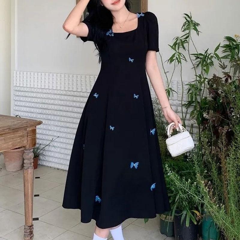 Butterfly Short-sleeved Dress for Women in Summer French Style Square Neck Small Black Skirt