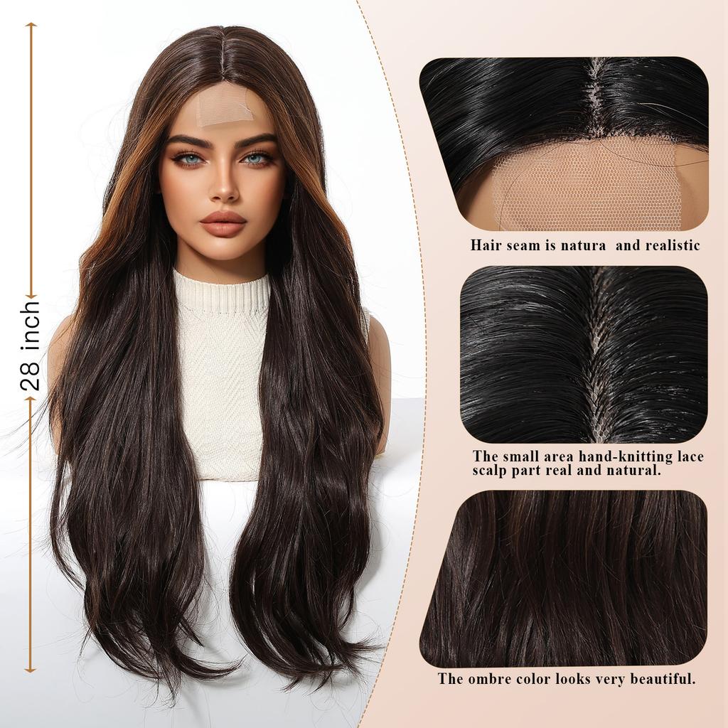 Brown Highlights Synthetic Wigs Hairline Lace Frontal Wave Layered Wigs for Women Ladies Daily Use Natural Wigs Heat Resistant