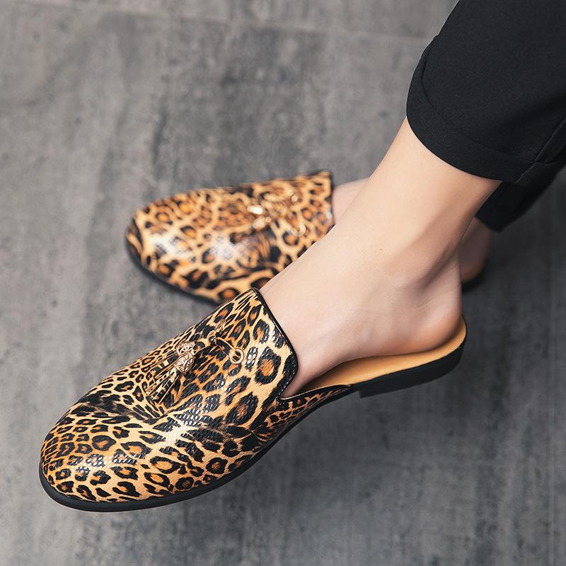Men's leather slippers heelless large size bag head half slippers men's European station one pedal lazy shoes men's leopard print